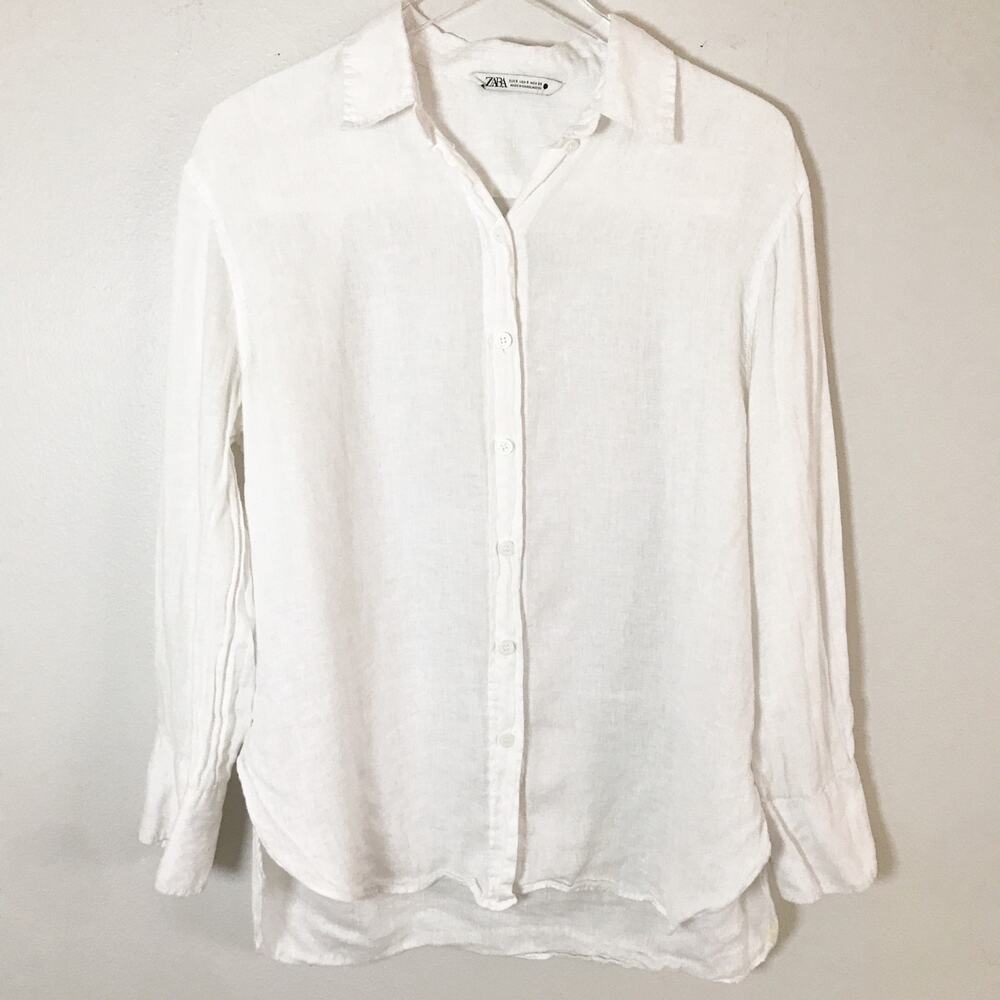 Zara 100% Linen Button Down Shirt White Long Sleeve Collared Blouse Size S
